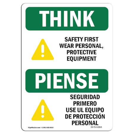 OSHA THINK Sign, Wear PPE Symbol Bilingual, 5in X 3.5in Decal